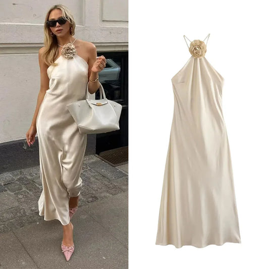 Vestido Satén Largo Mujer™